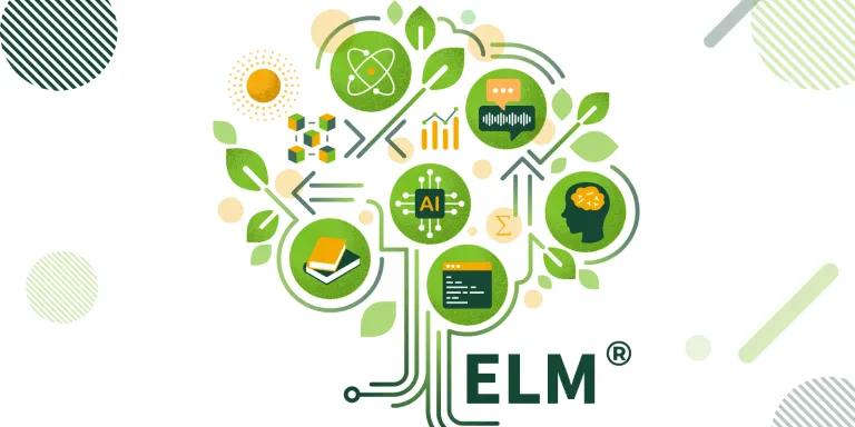ELM logo. A green tree with images of digital devices around it.