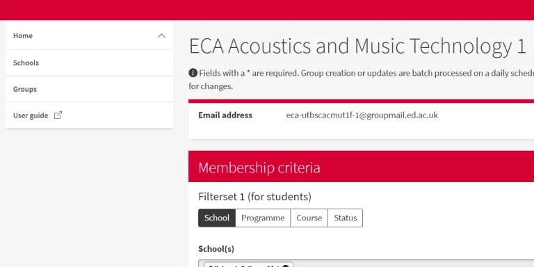 shows example filter selection on student groupmail website