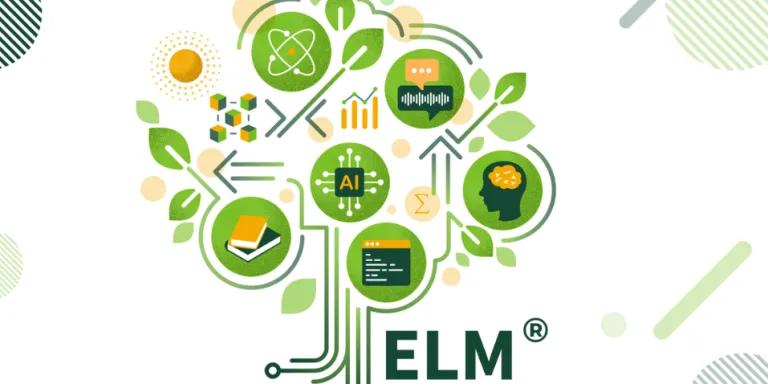 ELM logo: green tree with digital devices, white background with striped green circles.