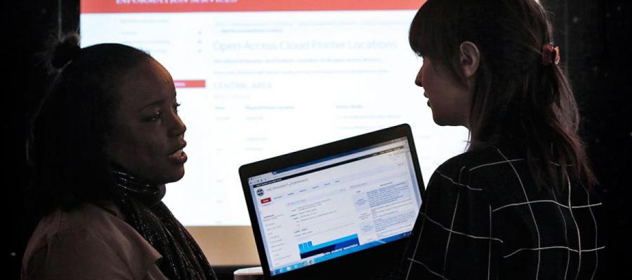 two women discuss over a laptop screen