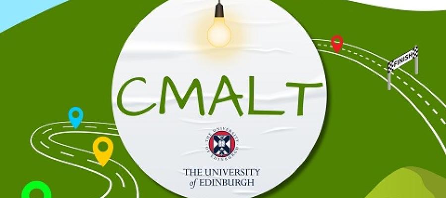 Decorative image with CMALT and Edinburgh University logo in the foreground, with an illustration of a path in the background