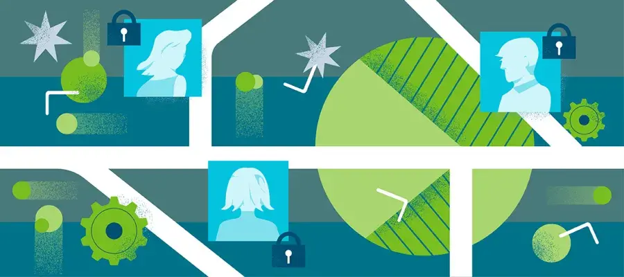 Illustration with human silhouettes with padlocks and vector lines to show connection