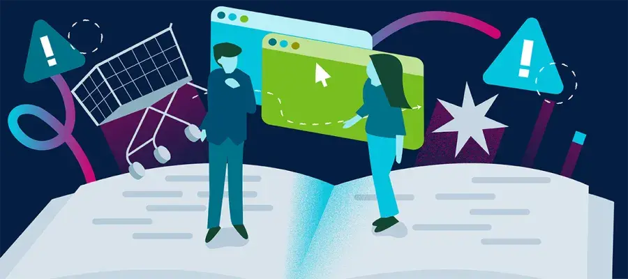 Illustration of two humans with browser windows in the background