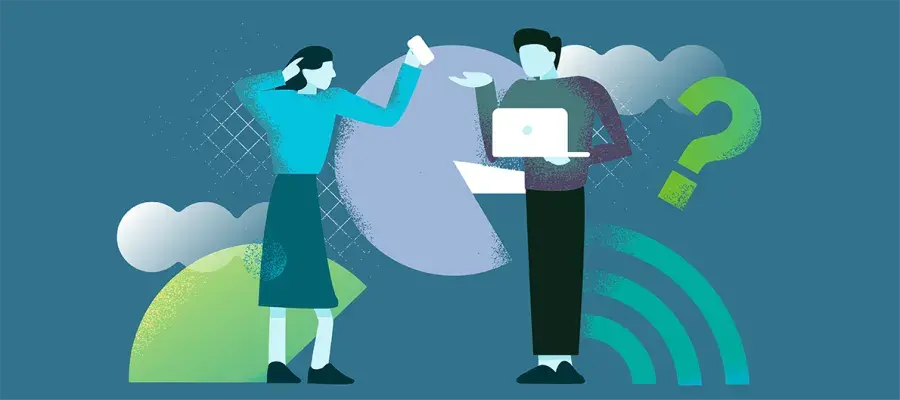 Illustration of two humans with a laptop and symbols behind including wifi and a question mark