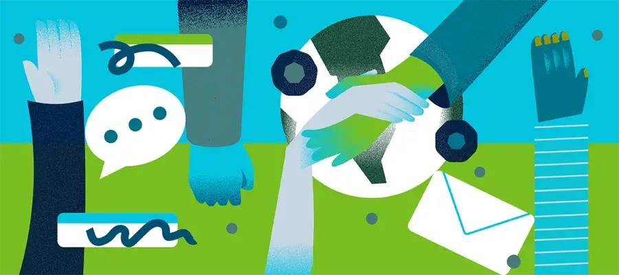 Illustrations of overlapping human hands with symbols surrounding which include email, and text typing