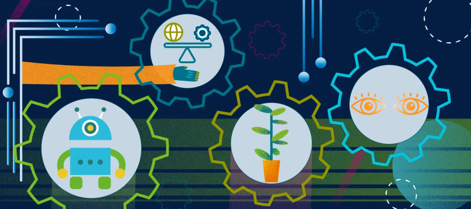 Illustrations of a hand holding scales, a robot, a plant and eyes in front of a blue and green background of lines and circles. 