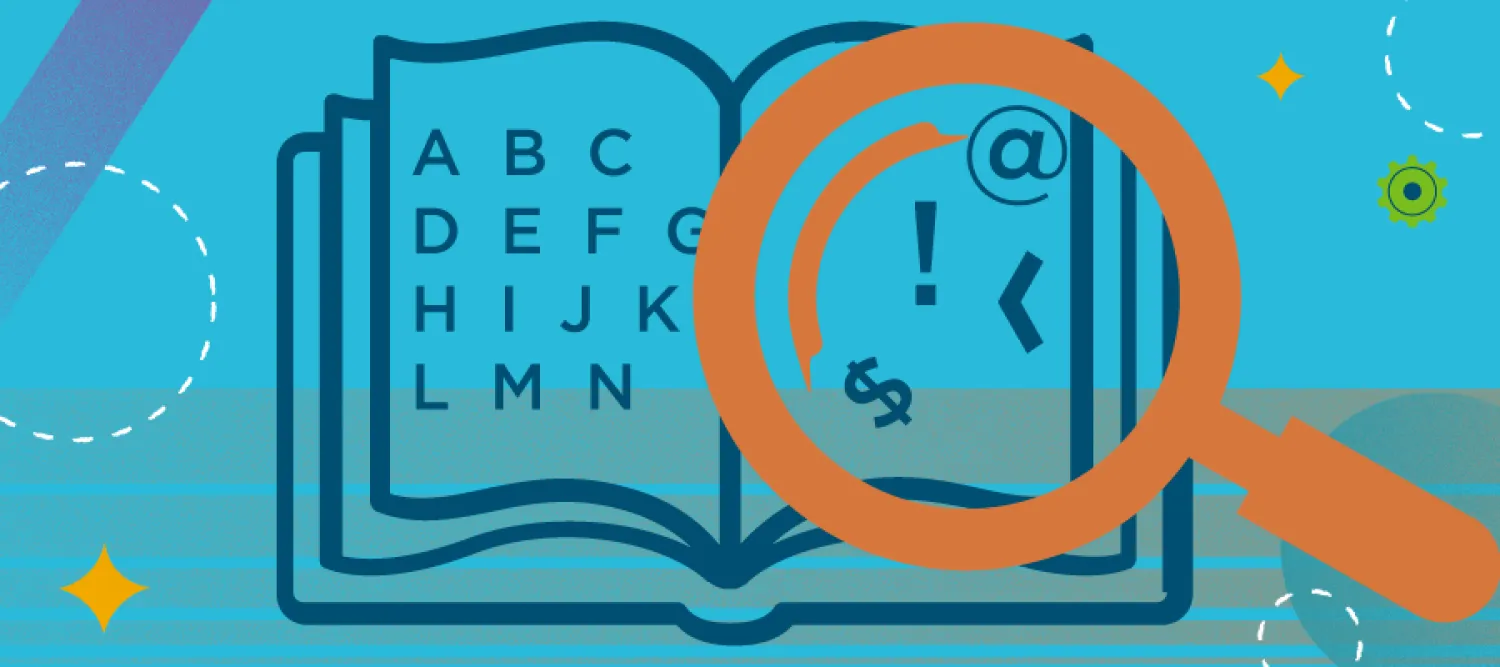 An illustration of an open book with letters on the left page. On the right page, a looking glass reveals scrambled characters.