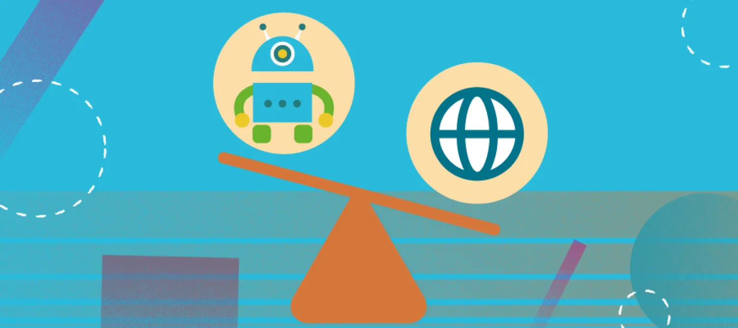 An illustration of a scale. On its left side is a robot and tips up, its right side has a globe and tilts down.