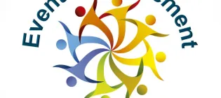 Circle of colourful figures and writing around it