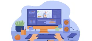 An infographic computer on a desk