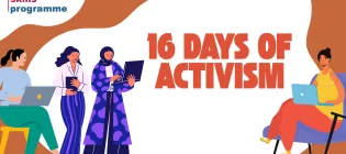16 Days of Activism with illustrations of women on computers. The Digital Skills Programme logo is in the top left corner.