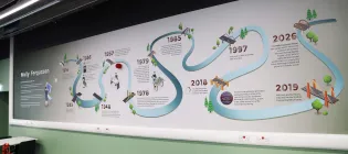 Image of a wall decal showing the timeline of Molly's achievements in the Molly Fergusson Room