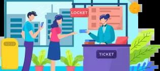 Cartoon receptionist hands ticket to queueing customers