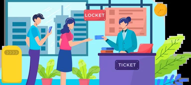 Cartoon receptionist hands ticket to queueing customers