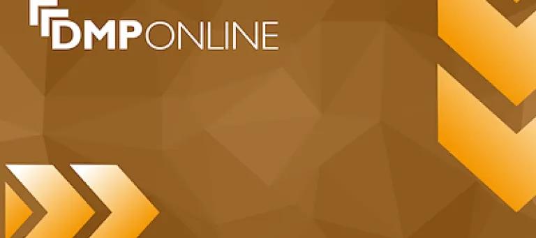 DMPOnline link: Golden card with bright golden arrows pointing downwards on the right and DMPOnline written on the top left of card.