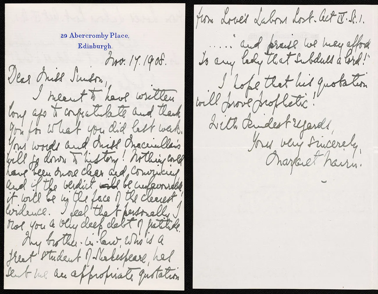 Letter from Margaret Nairn to Frances Simson