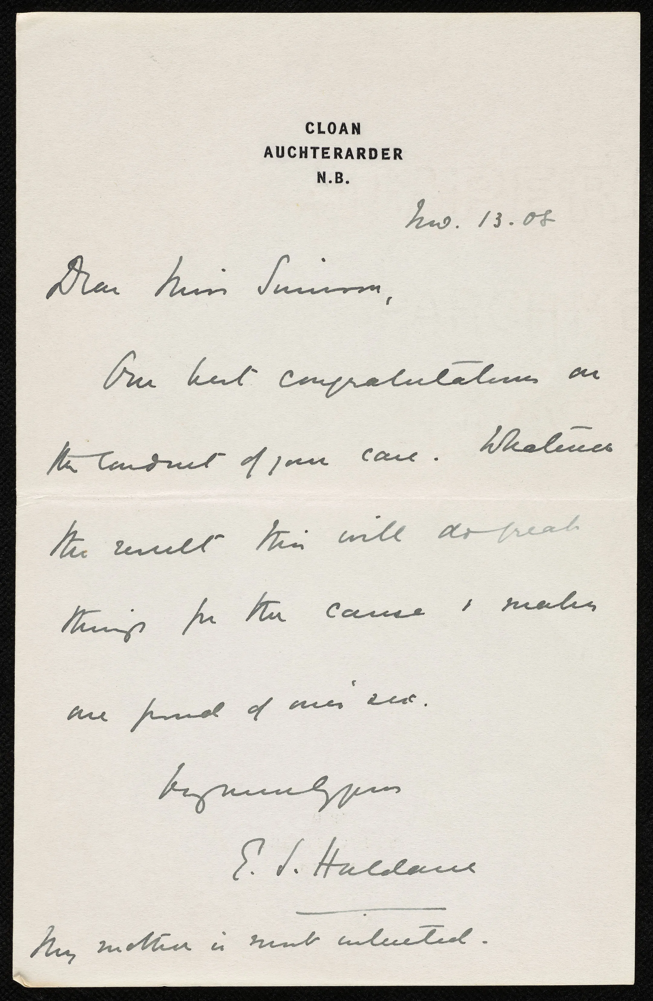 Letter from E. J Haldane to Frances Simson