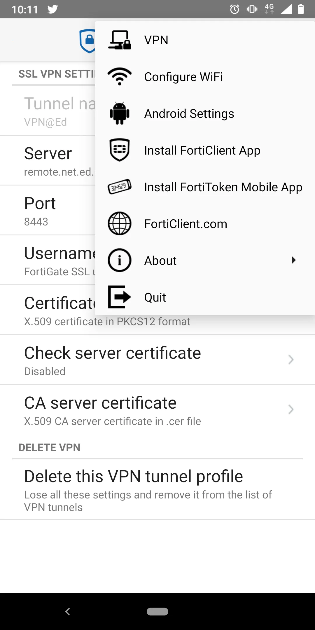 FortiClient VPN - Menu
