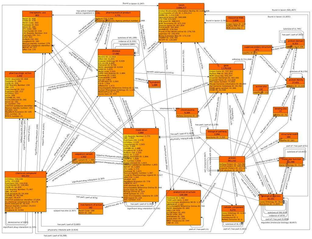 A graph consisting of many square boxes containing information on genes, proteins, chemicals and diseases, linked together by arrows showing different relationships. 