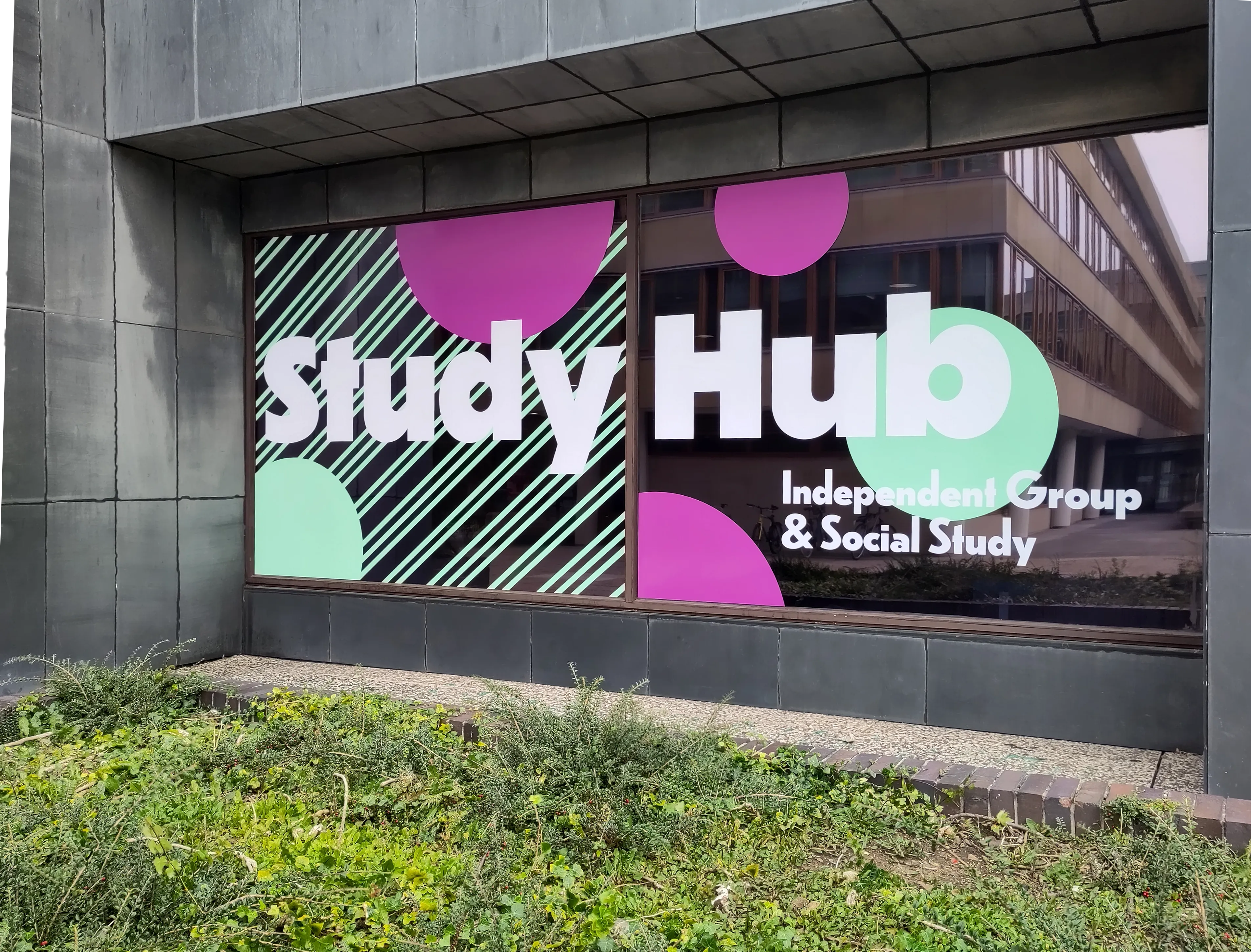 Design on the front of the 40 George Square Study Hub. Text in the Design Reads: Study Hub, Independent, Group, and social study
