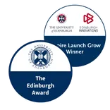 Example digital badges templates, circle half navy blue and half white, UoE logo alone or UoE logo with programme logo