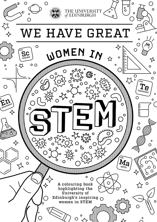 'We have great women in STEM' front cover featuring an illustration of a hand holding a magnifying glass and science icons