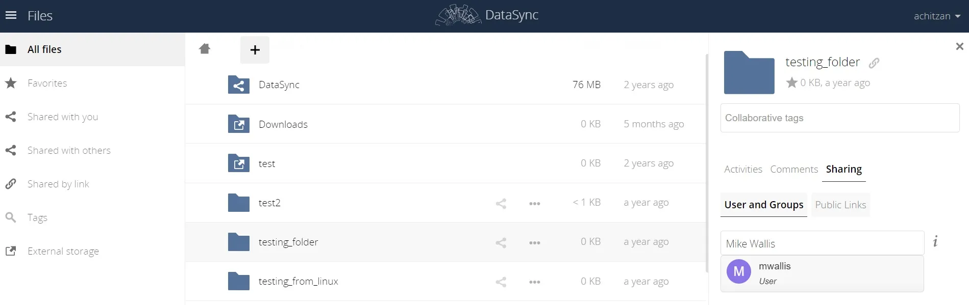Screenshot with sharing box for internal users