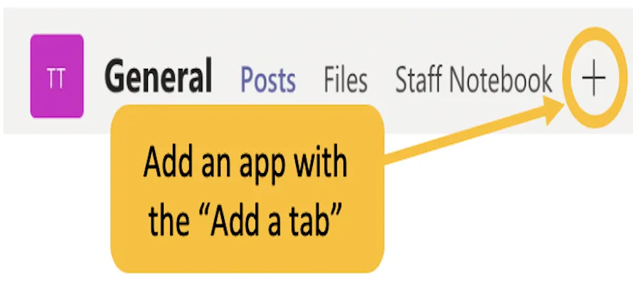 Image showing the \"add a tab\" button to add an app to a channel