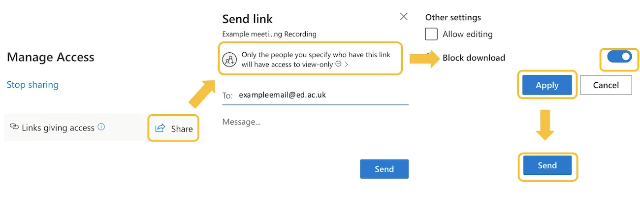 Image showing clicking the share button, then changing permissions to allow download of the recording and sending it to the user