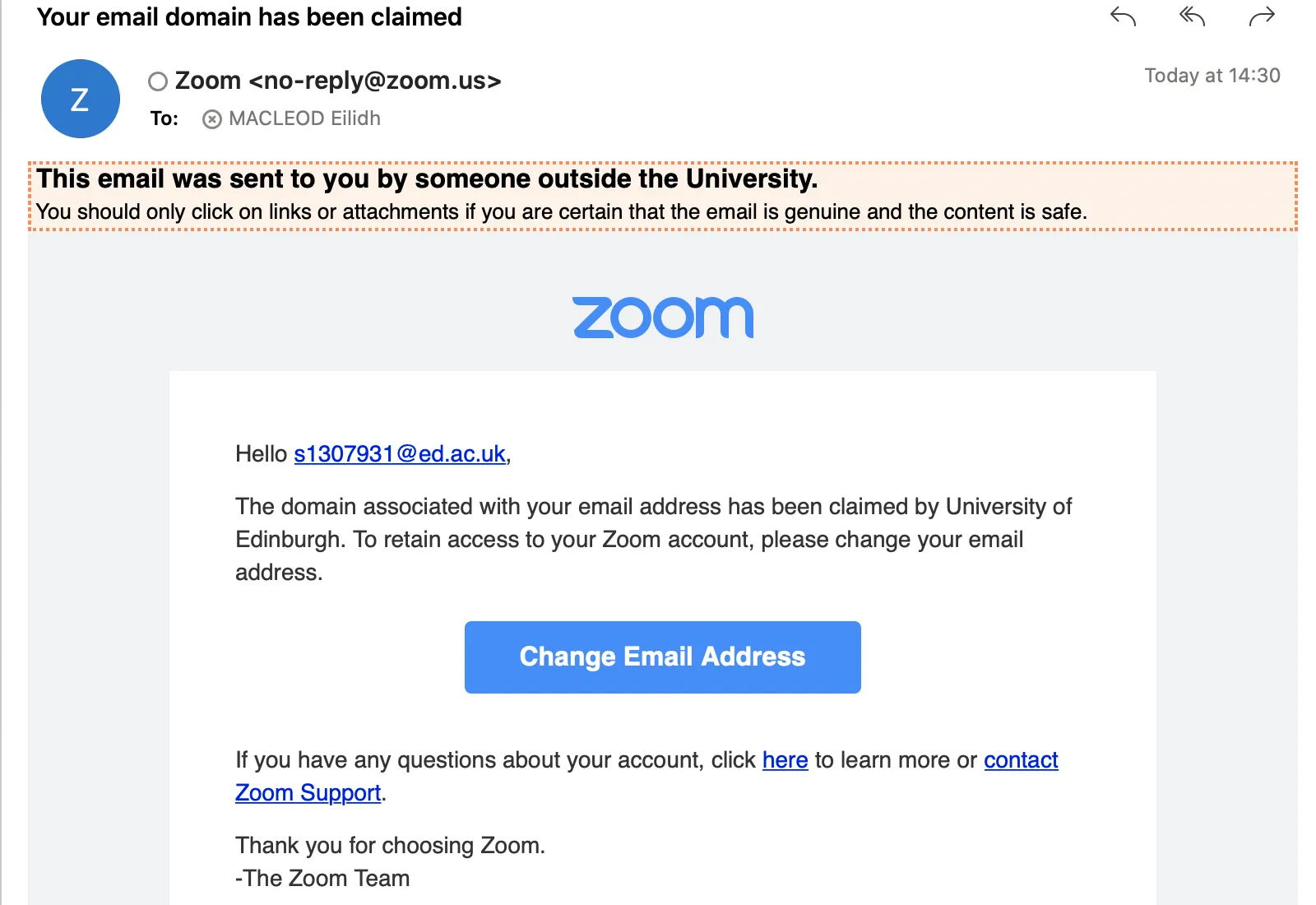 Image showing a prompt email sent from Zoom to users with an additional zoom account, including a button to change email address