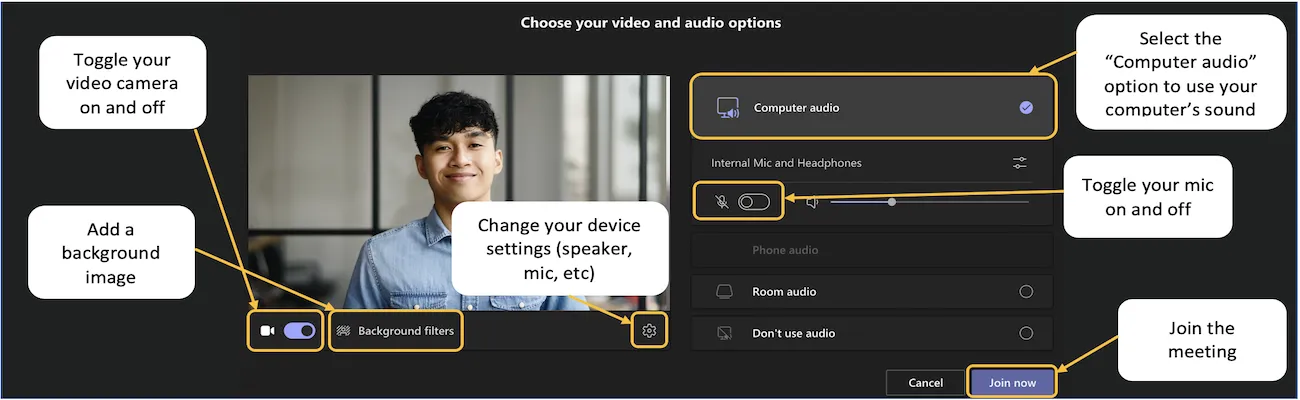 Image showing the pre-join menu on Teams desktop, labelling switching camera on/off, muting mic, adding background effects