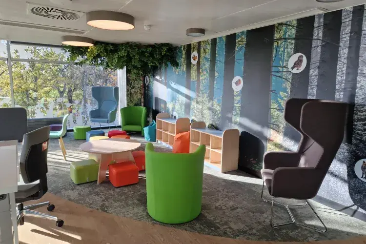 The room has a mixture of soft furniture for all users as well as desks and task chairs for those studying. The room has a feature wall showing a forest setting and magnetic discs with animal images for children.