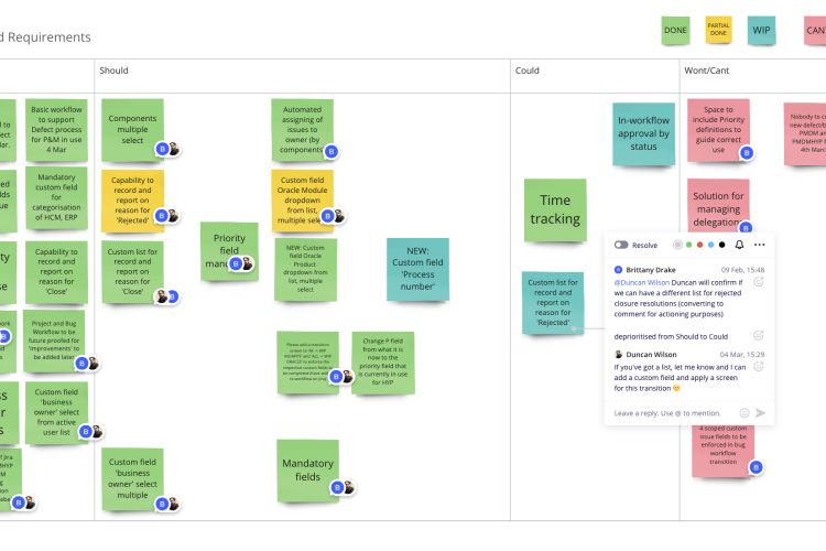 Miro requirements sticky notes and comments
