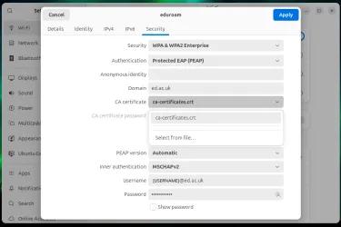 Example image showing the eduroam configuration using Linux UBUNTU.