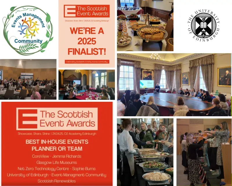 A collage of posters, food and images of people at conferences