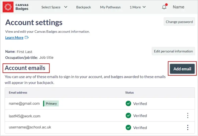 Screenshot showing Account emails section with add email circled. Emails shown include name@gmail.com, lstf45@work.com, and username@school.ac.uk. 