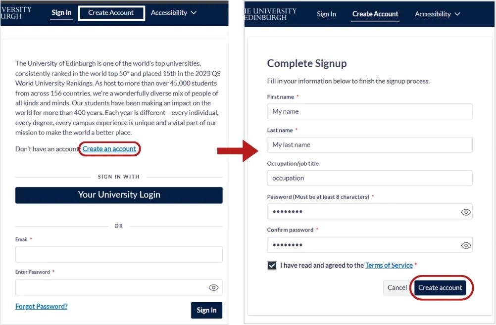 Screenshot showing Canvas Credentials login page with Create a new account circled. An arrow indicates the next screenshot, which has signup information such as name and password, with a create account button at the bottom circled. 