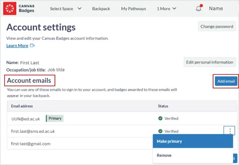 Screenshot showing add emails section, with three different emails listed, and the add email button circled.  To the right of one email, the three dots are highlighted, with a drop down menu giving options to make primary or delete. 