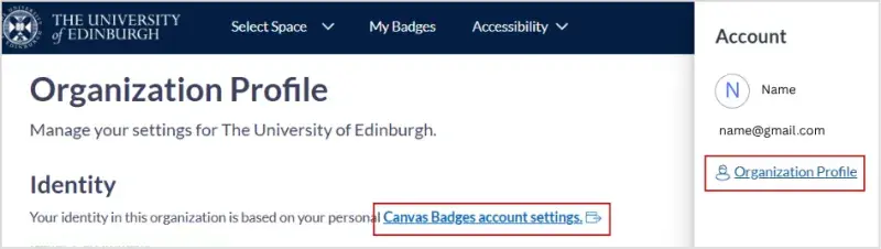 Screenshot showing name at top right clicked. In a panel on the right, organisation settings is circled. In the text in the main page, the link to go to personal account settings is circled. 
