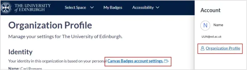 Screenshot showing name at top right clicked. In a panel on the right, organisation settings is circled. In the text in the main page, the link to go to personal account settings is circled. 