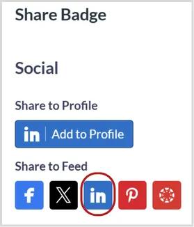Screenshot showing options for sharing to social media feeds. The LinkedIn button, in the centre of 5 buttons, is circled. 