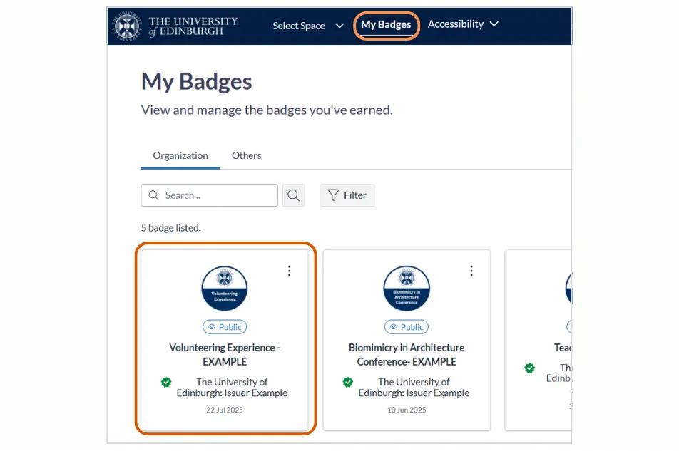 Screenshot showing the My Badges tab circled, and a single badge circled. 