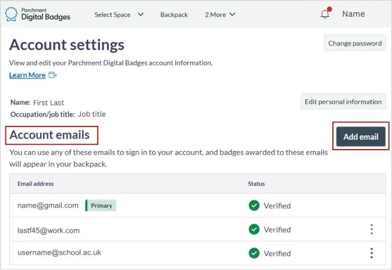 Screenshot showing Account emails section with add email circled. Emails shown include name@gmail.com, lstf45@work.com, and username@school.ac.uk. 