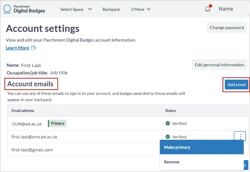 Screenshot showing add emails section, with three different emails listed, and the add email button circled.  To the right of one email, the three dots are highlighted, with a drop down menu giving options to make primary or delete. 