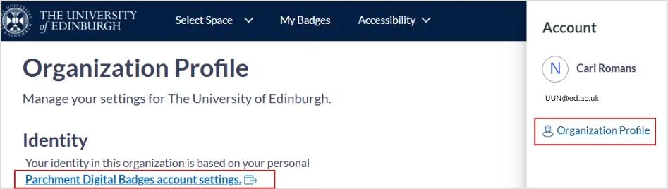 Screenshot showing name at top right clicked. In a panel on the right, organisation settings is circled. In the text in the main page, the link to go to personal account settings is circled. 