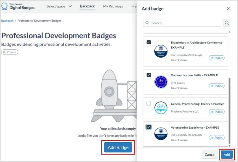 Screenshot showing an empty badge collection. The Add Badge at the bottom of the empty space is circled.  A panel is open on the right, with a list of badges. Three badges have been ticked to include in the collection. At the bottom of the panel are buttons to Cancel and Add (circled). 