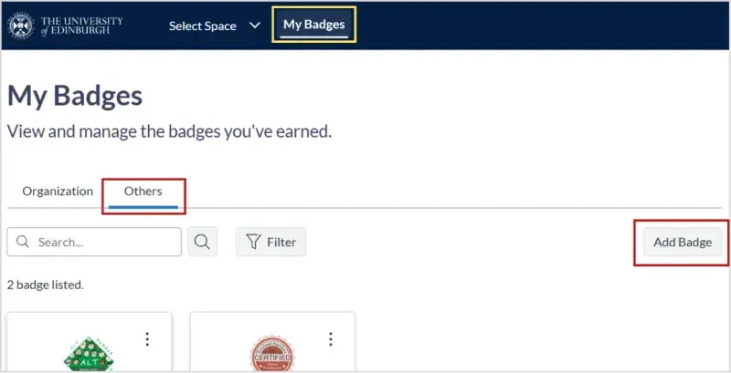 Screenshot: The My Badges tab is circled. The Others subtab is circled. The Add Badge button is circled.