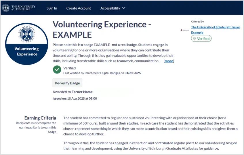 Screenshot of a public verification page, including key badge info and a green icon saying 'Verified'. 