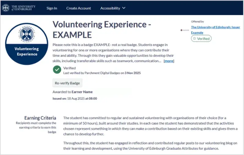 Screenshot of a public verification page, including key badge info and a green icon saying 'Verified'. 