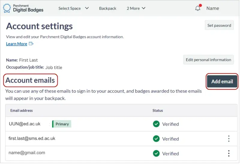 Screenshot of the Account Settings page with the first heading, Account Emails, circled. A button to the right of the heading says Add Email and is circled. Below the heading, Three emails appear in a list ( a mix of personal, work and school emails). The first is flagged as the primary email, and all three emails have a verified indicator in the status. 